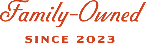 Text reading 'Family-Owned Since 2023' in red cursive and bold fonts.