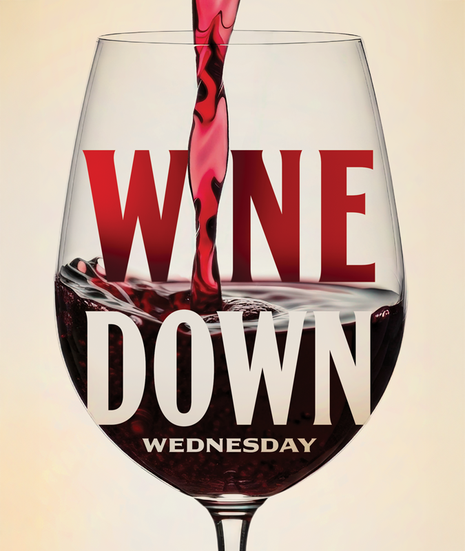 A glass of red wine with the words WINE DOWN WEDNESDAY printed on it, with wine being poured into the glass.