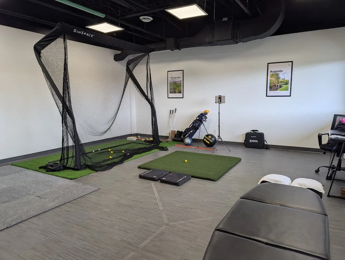Indoor golf practice area with a golf net, golf balls, golf clubs, and practice mats.