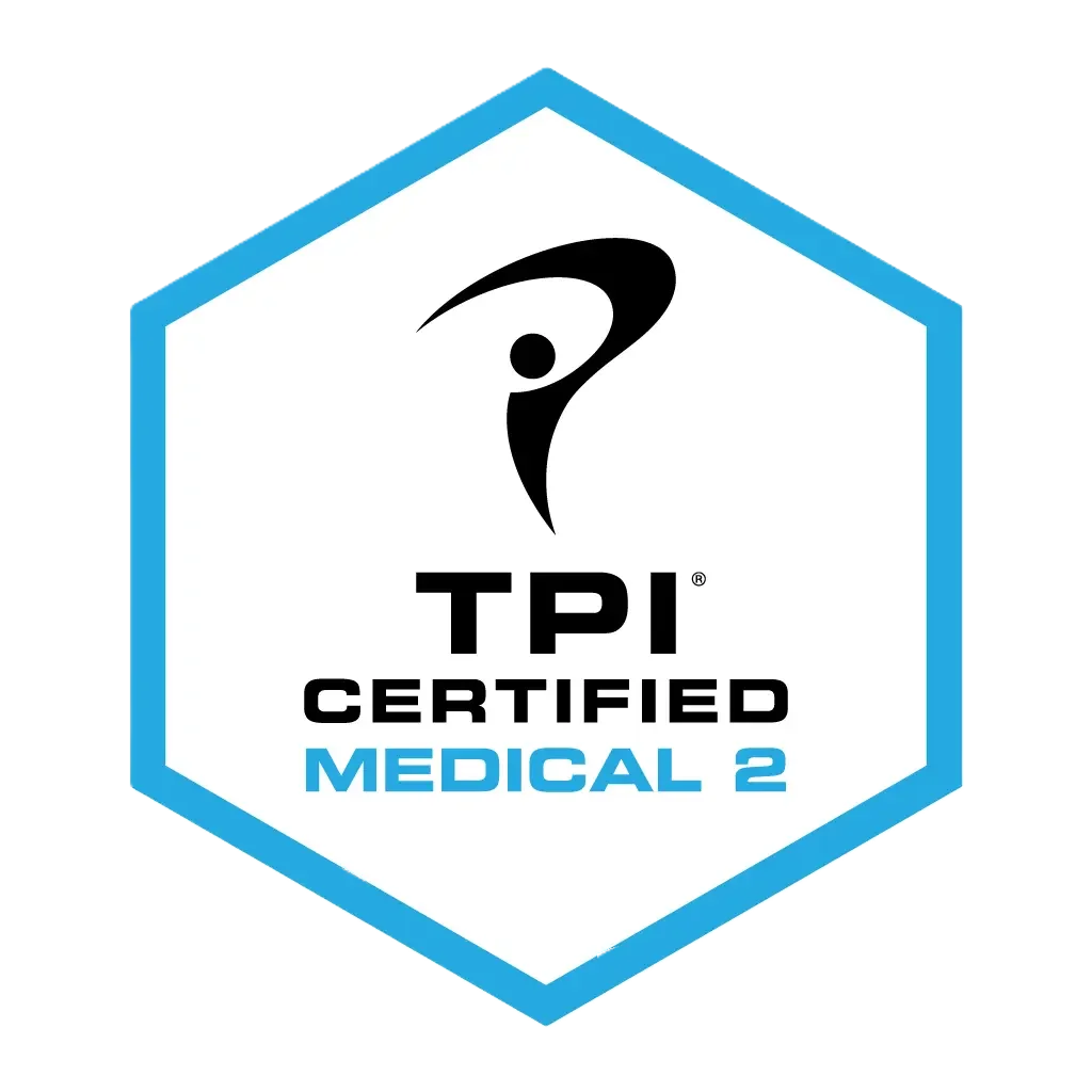 TPI Certified Medical 2 badge with a stylized figure and blue border.