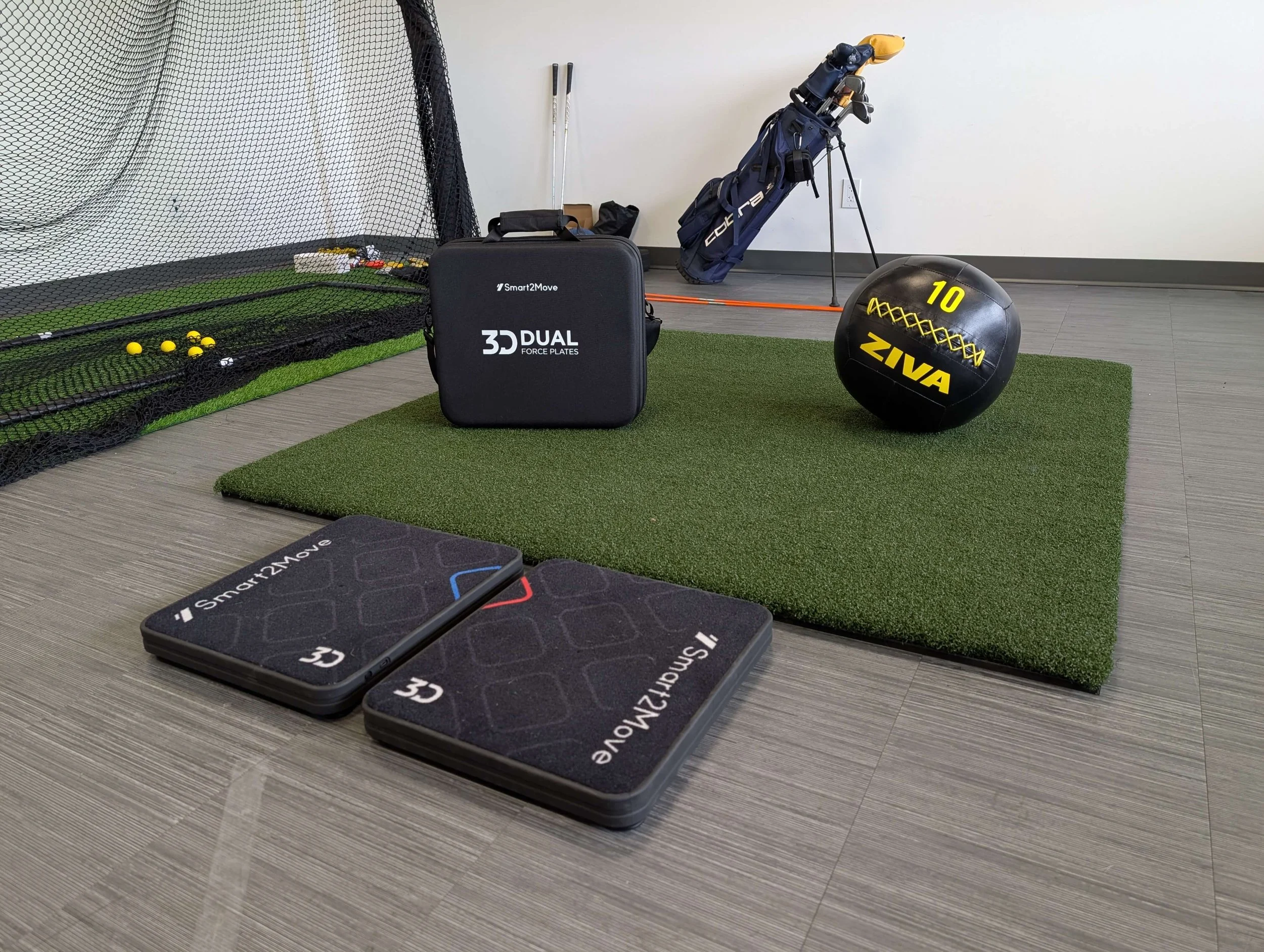 Indoor golf instruction area with a swing hitting green mat, a golf bag, a ball cage with yellow golf balls, a carrying case labeled '3D Dual Force Plates,' a black medicine ball labeled '10 Ziva,' and two Smart2Move balance boards.