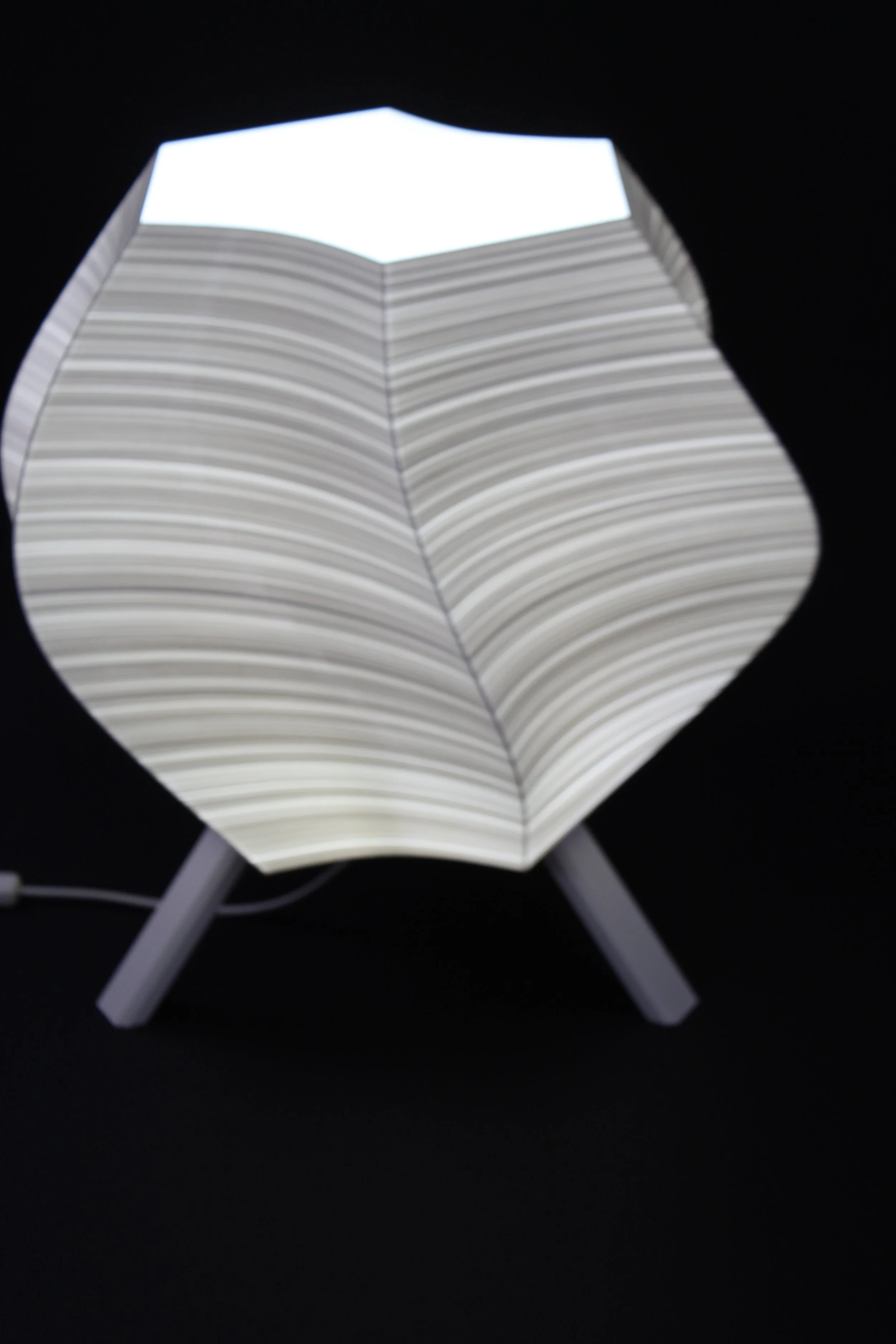 Lampe da tavolo con paralume a forma di cuore, linee curve nere e bianche, sul piano nero.