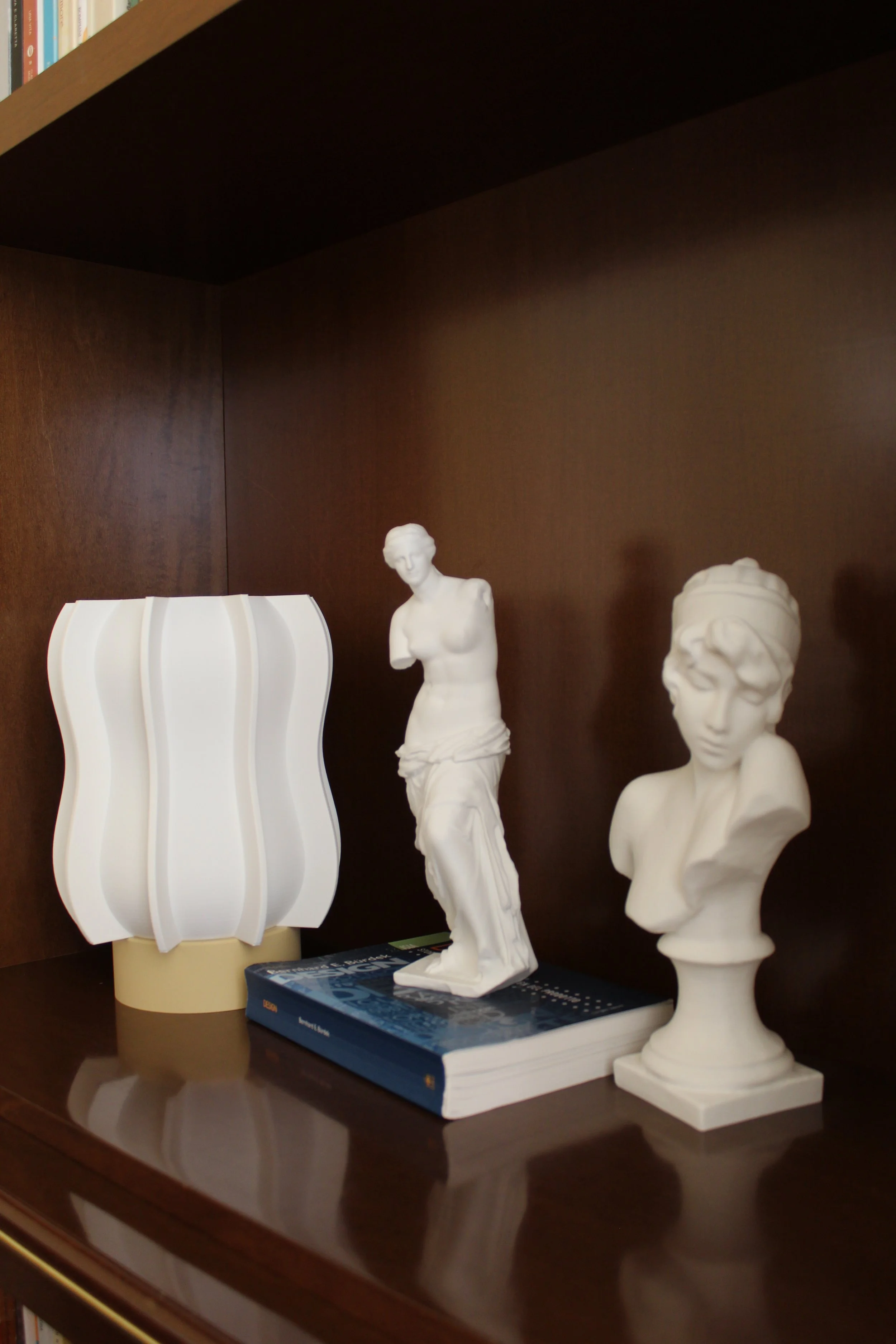 Decorazioni d'interni con due statue di busto di donna, una lampada di design, e un libro di testo in lingua inglese sul mobile in legno.