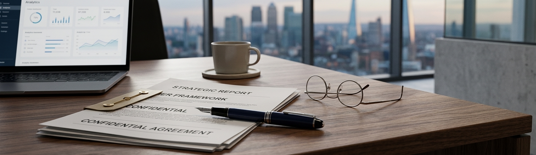 Desk with financial documents, a pair of glasses, a pen, a laptop displaying analytics, a coffee mug, and a city skyline in the background.