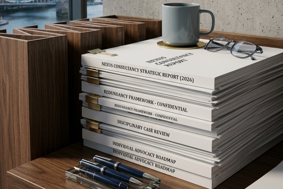 A neatly stacked pile of documents and reports on a wooden desk, with a coffee mug, pair of glasses, and pens nearby, in an office setting.
