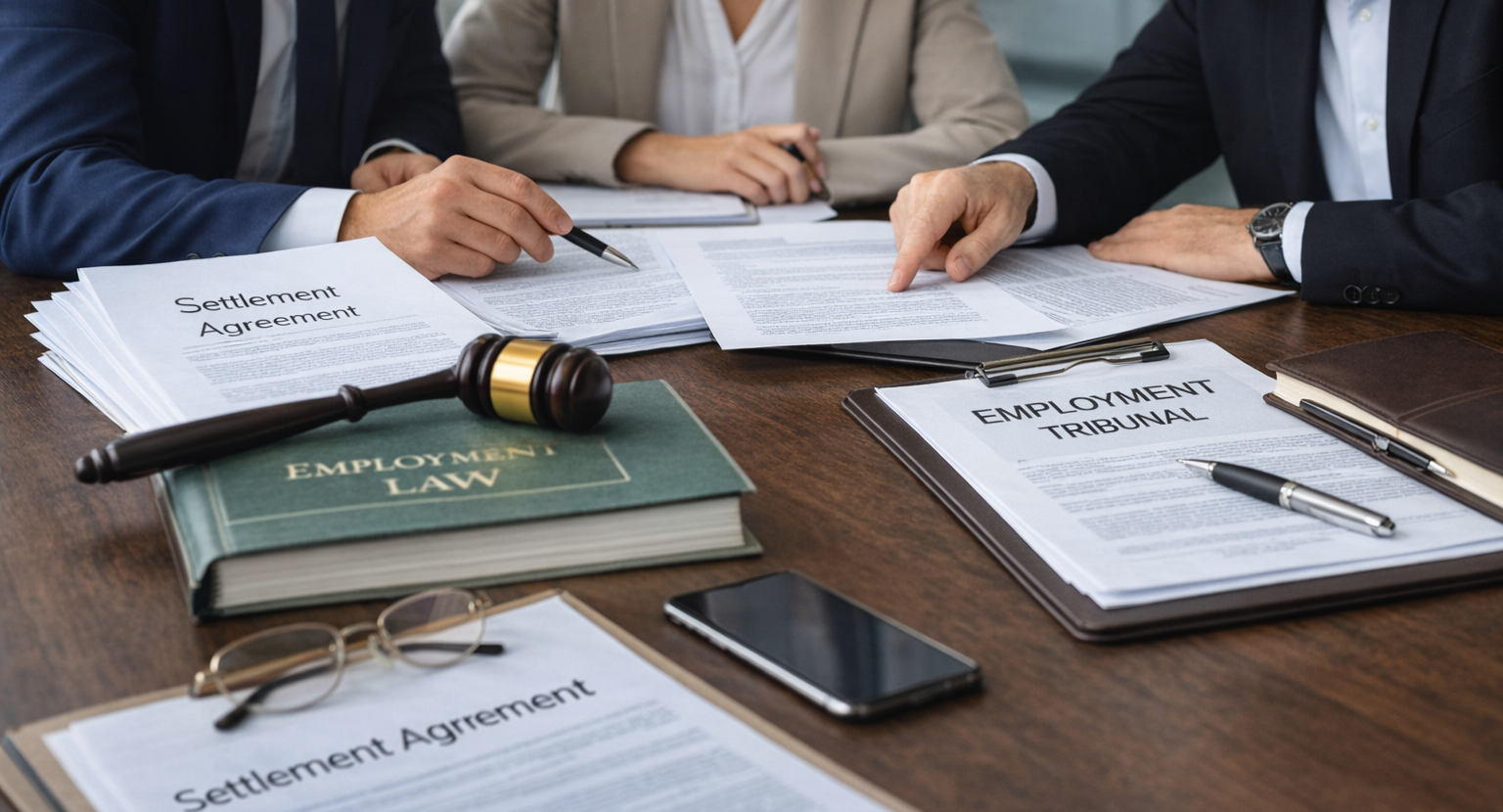 Legal professionals discussing documents related to employment law, with a gavel, legal books, and paperwork on the table.