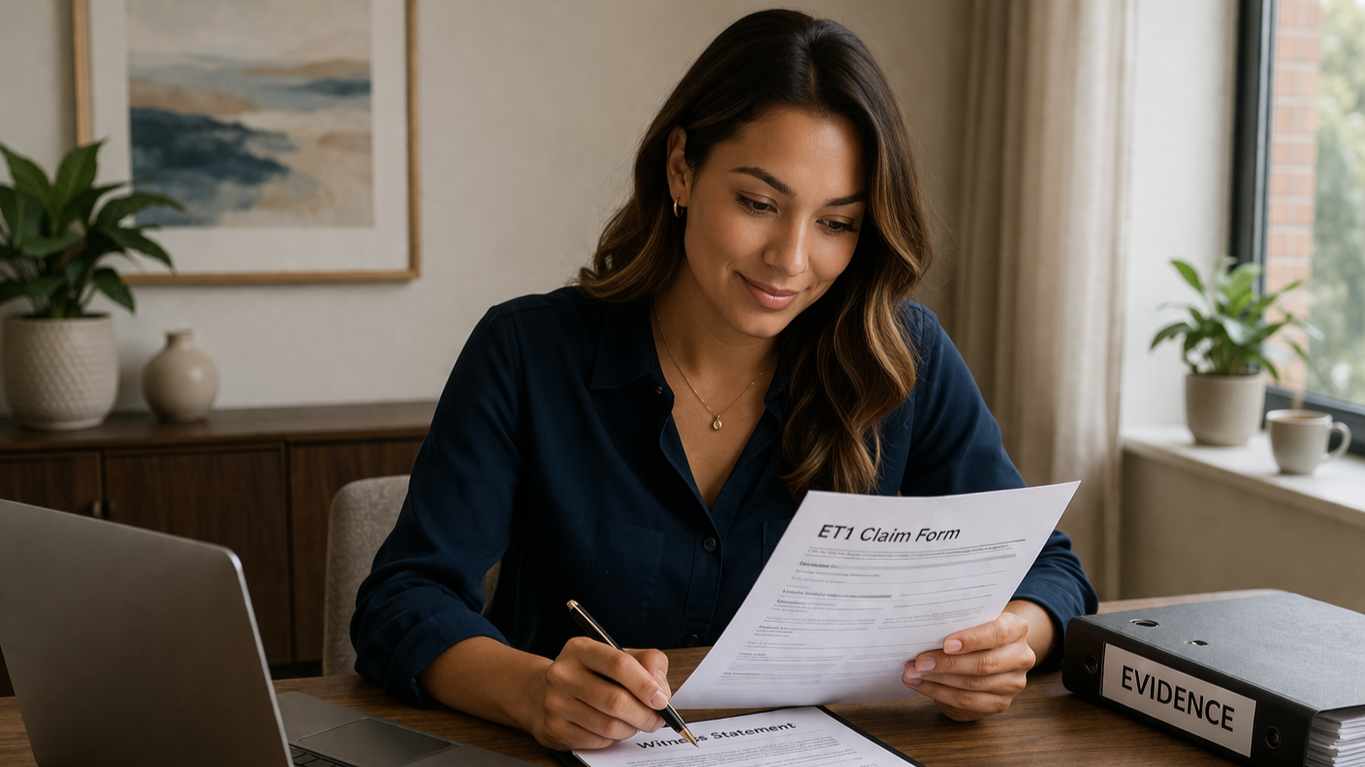 A woman sitting at a desk reviewing an ET1 claim form with a pen, next to a black binder labeled 'Evidence' and a laptop, in a well-lit office with plants and a window.