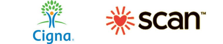 Cigna logo with a green tree and blue figure, and a bright pink heart-shaped sun with orange rays and a red outline, along with the word "scan" in black text.