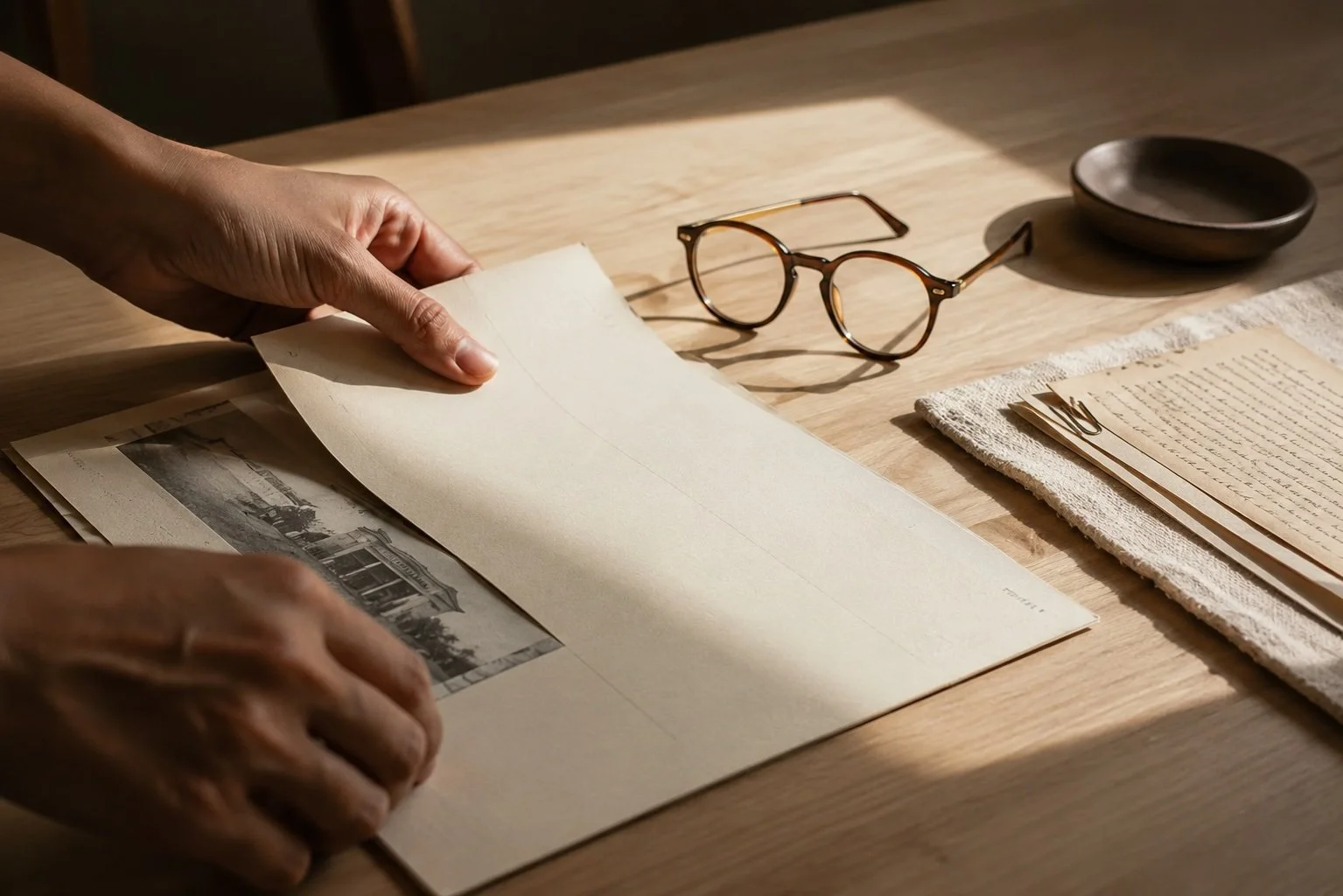 Person handling archival photographs and documents on a wooden desk, with a pair of eyeglasses, a small black bowl, and a stack of handwritten papers.