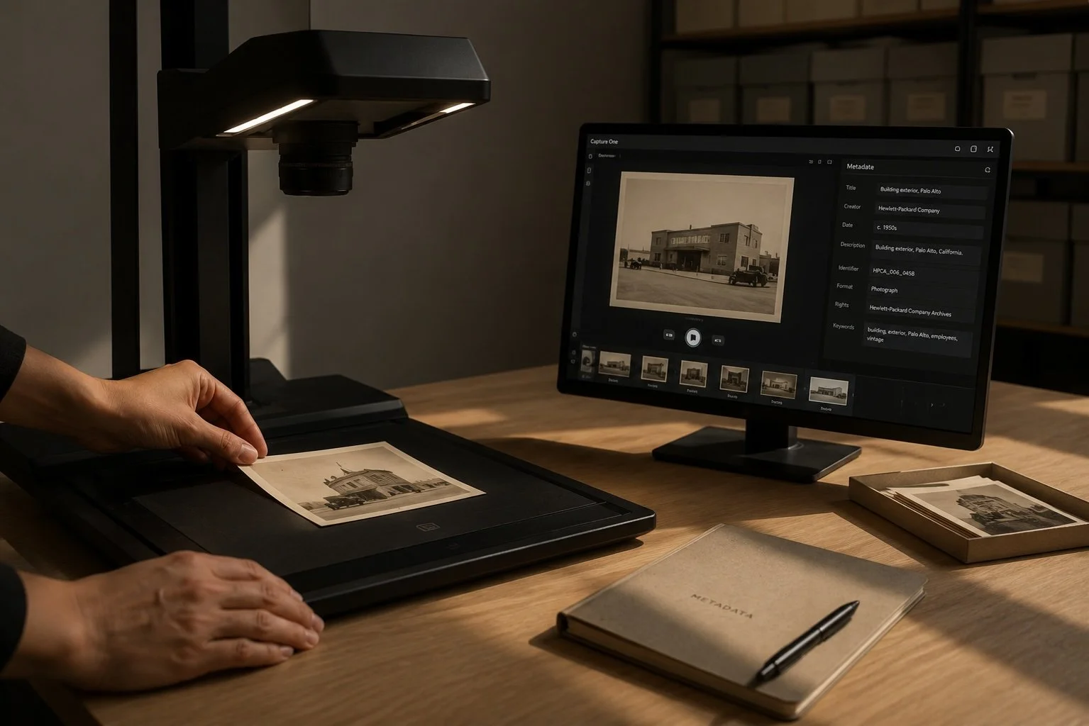 Person digitizing a vintage black and white photograph of a building, Palo Alto, California, with a flatbed scanner in a dedicated archiving workspace.