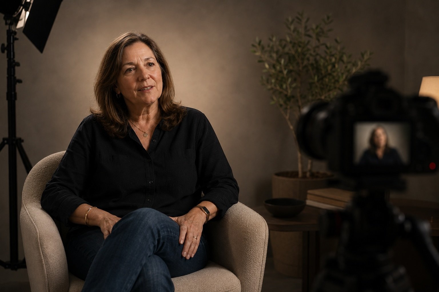 A woman being interviewed on camera, sitting in a beige armchair indoors against a neutral wall with a tall plant in the background, with professional lighting and camera setup.