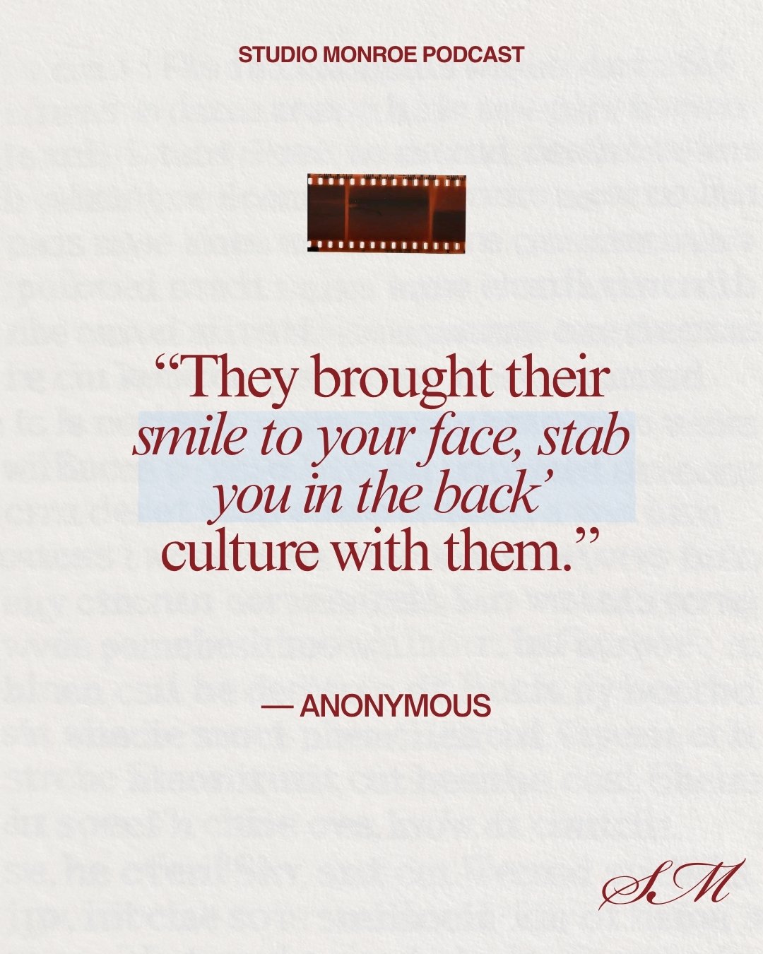 A quote about culture and smiling, attributed to an anonymous author, with a small film strip image above the quote and initials 'S.M' at the bottom right corner.