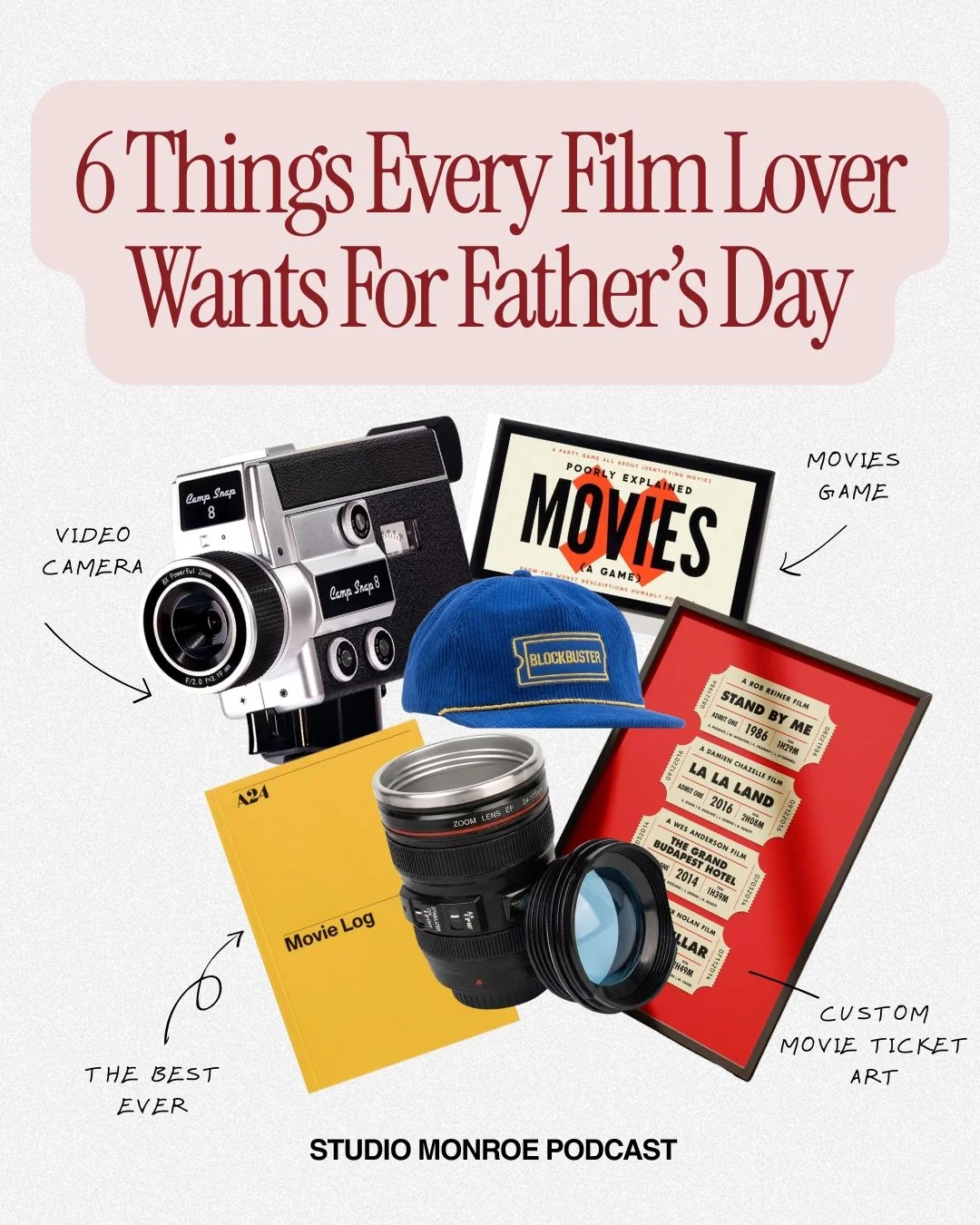 Image featuring six items: a vintage video camera, a movie logbook, a blue Blockbuster cap, a lens, a movies game, and a customized movie ticket art. The title reads '6 Things Every Film Lover Wants For Father's Day' and is from Studio Monroe Podcast.