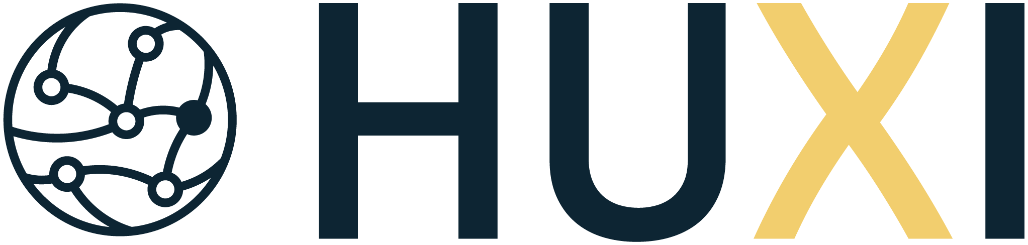 Logo de HUIX, comprenant une icône stylisée de globe avec des connexions et le texte 'HUIX' en majuscules, avec une partie du texte en or.