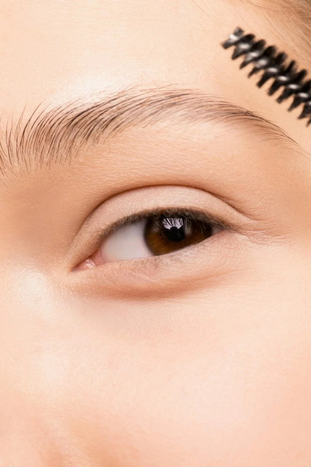 Brow and facial waxing services menu with pricing, alongside close-up of a groomed eyebrow and eye, highlighting clean-up, shaping, tinting, and waxing options.