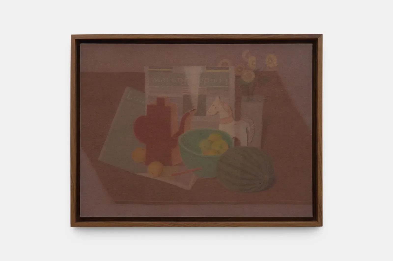 An artwork of a still life at night in red tones, including a kettle with steam rising from the spout, a bowl of fruit with one piece apparently missing.