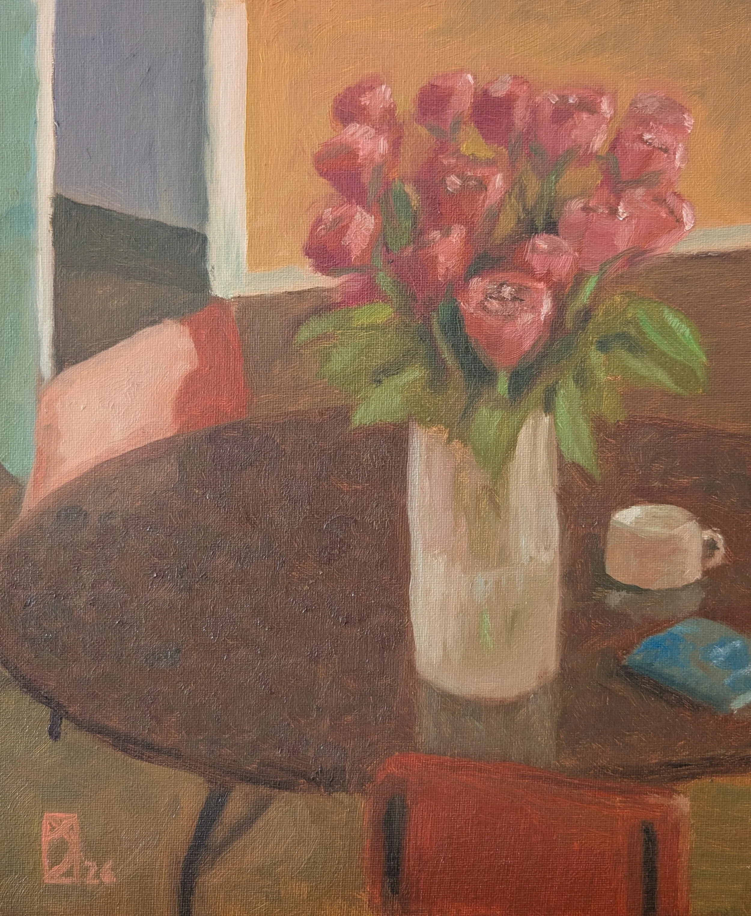 Roses, Coffee, Book (Oil, 2026);  SHOP 