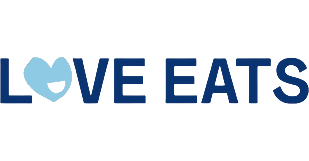 Blue LOVE EATS logo with a light blue heart-shaped letter O