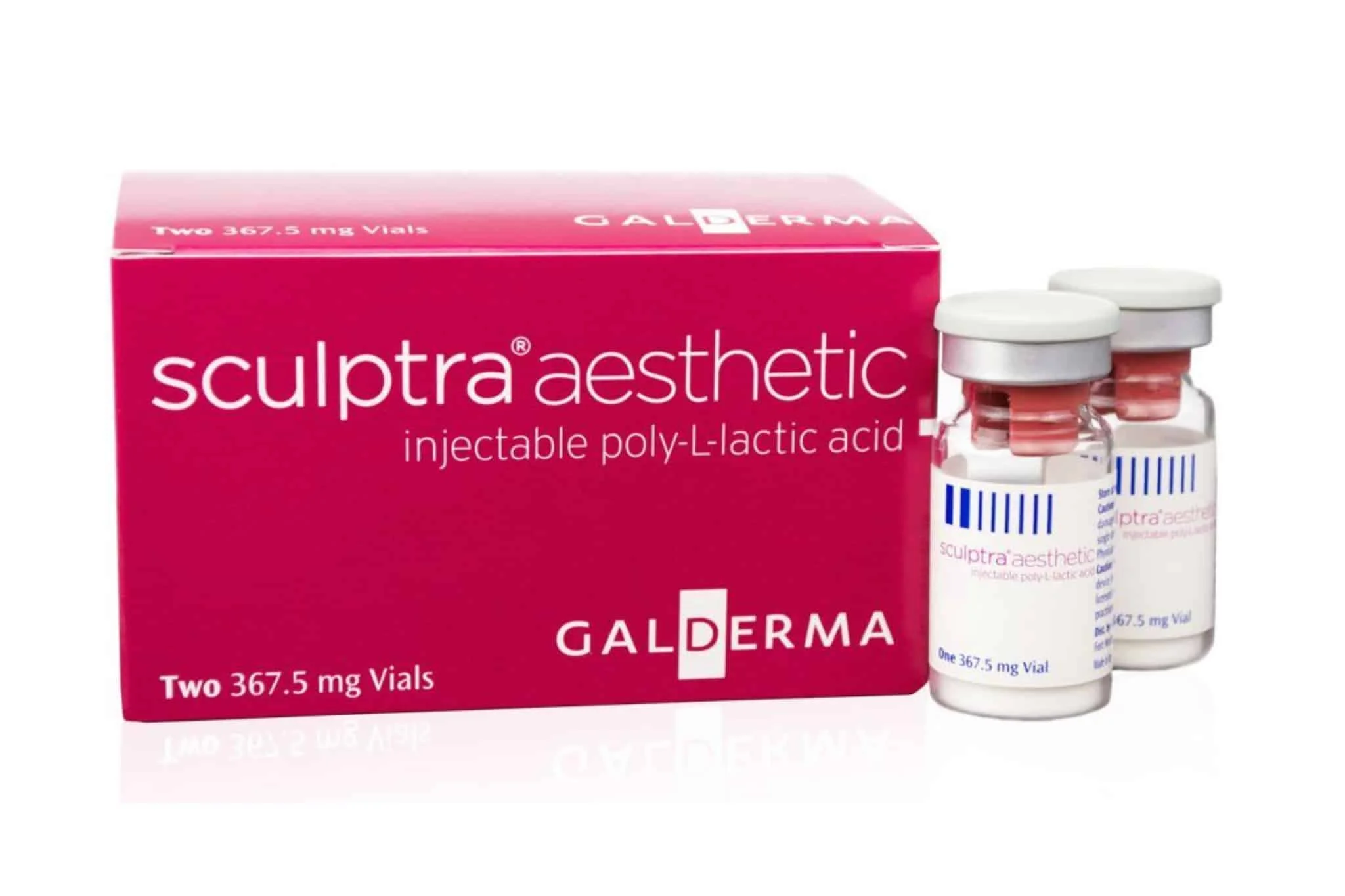 Pharmaceutical product packaging of Sculptra aesthetic with two vials labeled 'injectable poly-L-lactic acid' and a pink box in the background.