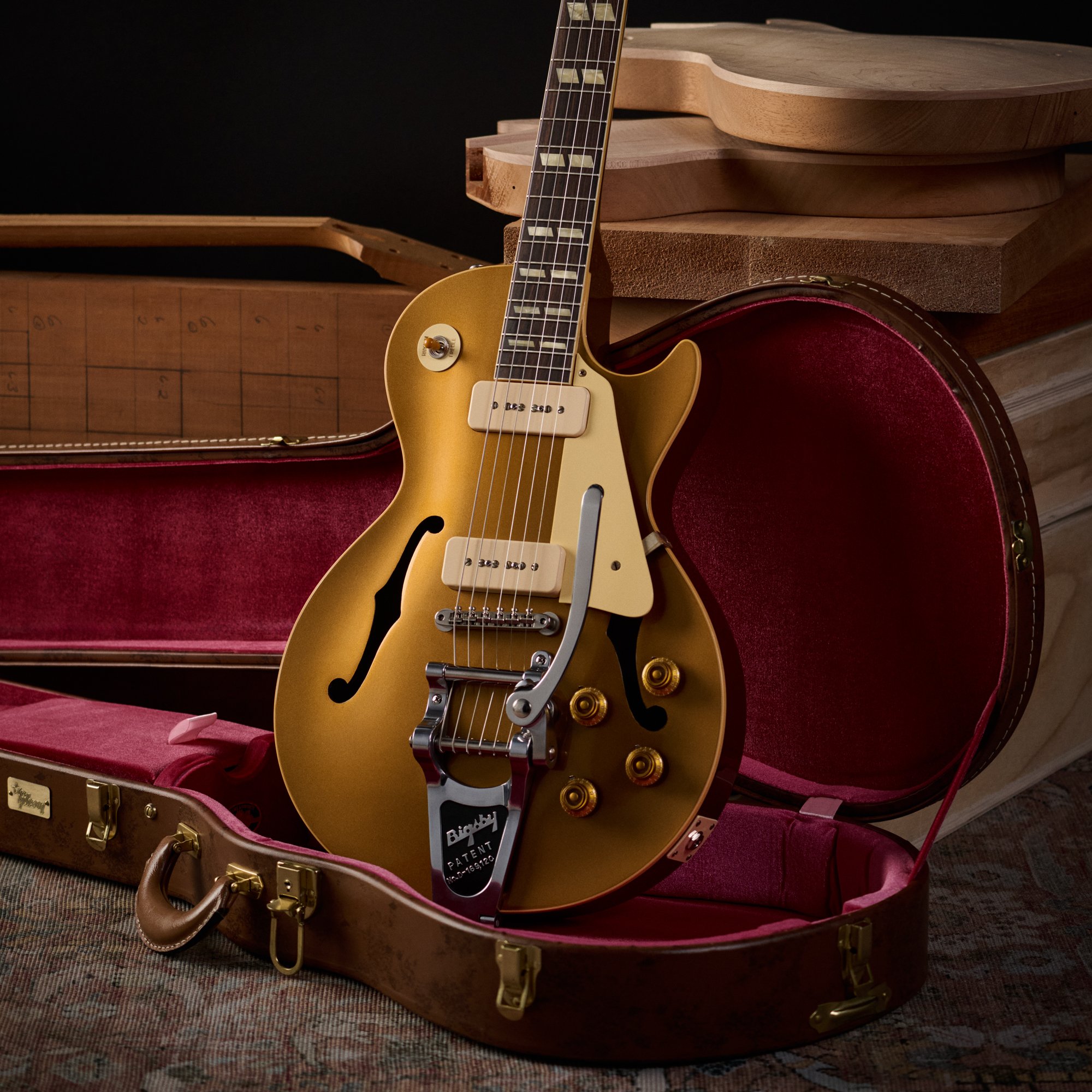 Gibson Custom 1956 Les Paul Standard Reissue with Bigsby double gold electric guitar daniel boyd commercial product photography 