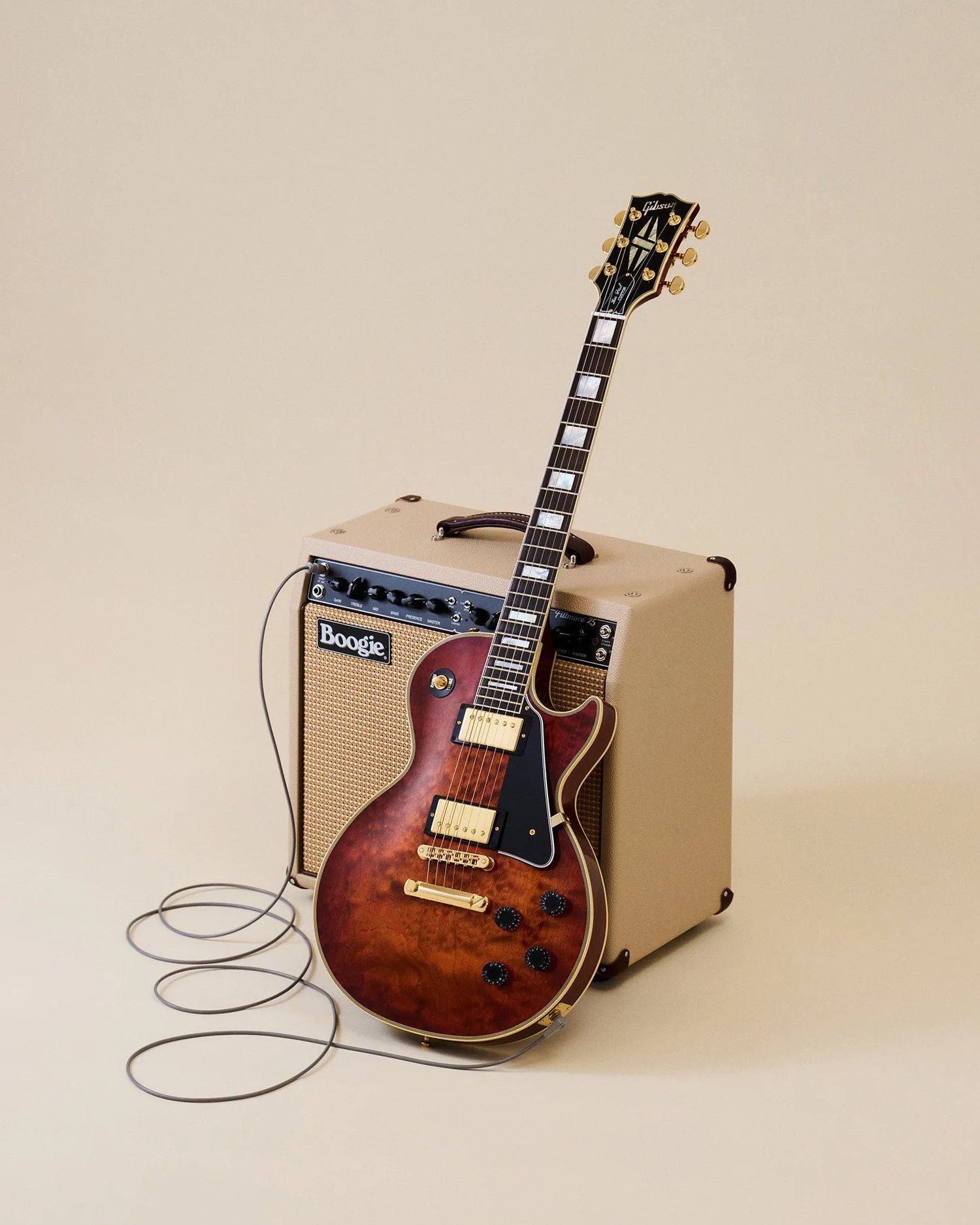 gibson les paul guitar custom select gold hardware mesa/boogie fillmore 25 amp amplifier daniel boyd commercial product photography 