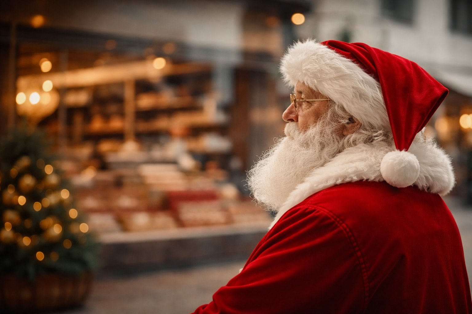 Profile of Santa Claus with a white beard and glasses, wearing a red suit and hat with white trim, looking to the right at a festive outdoor setting with blurred Christmas lights and a decorated tree in the background.