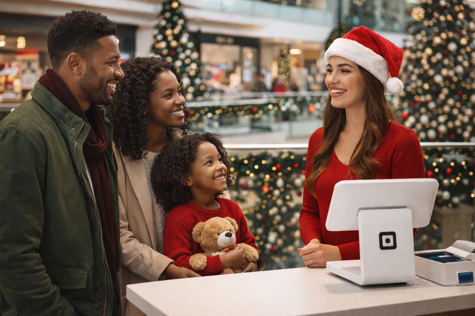 Family making a payment at a Santa Studio in a mall