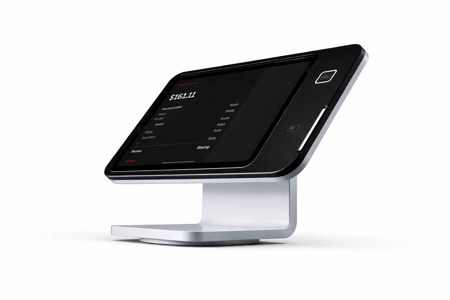 A modern payment terminal with a touchscreen display mounted on a sleek stand, displaying a transaction amount of $161.11.