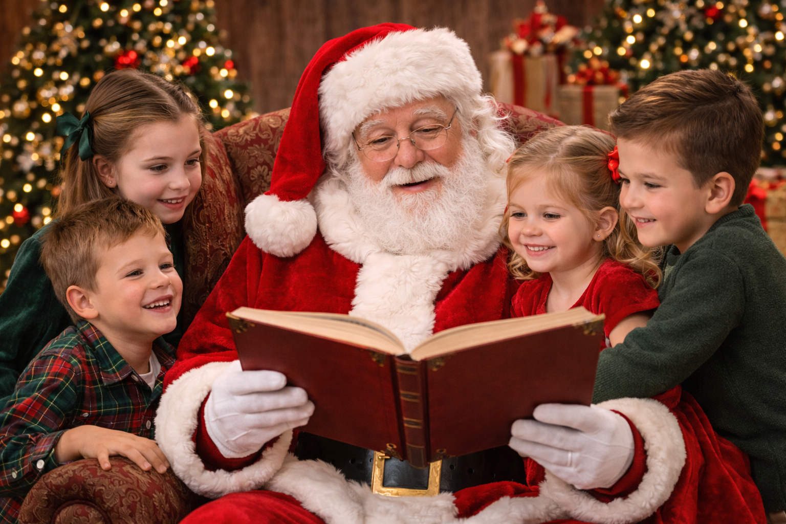 Santa Claus dressed in red and white coat, reading a book to five children gathered around him in front of decorated Christmas trees with lights and presents.