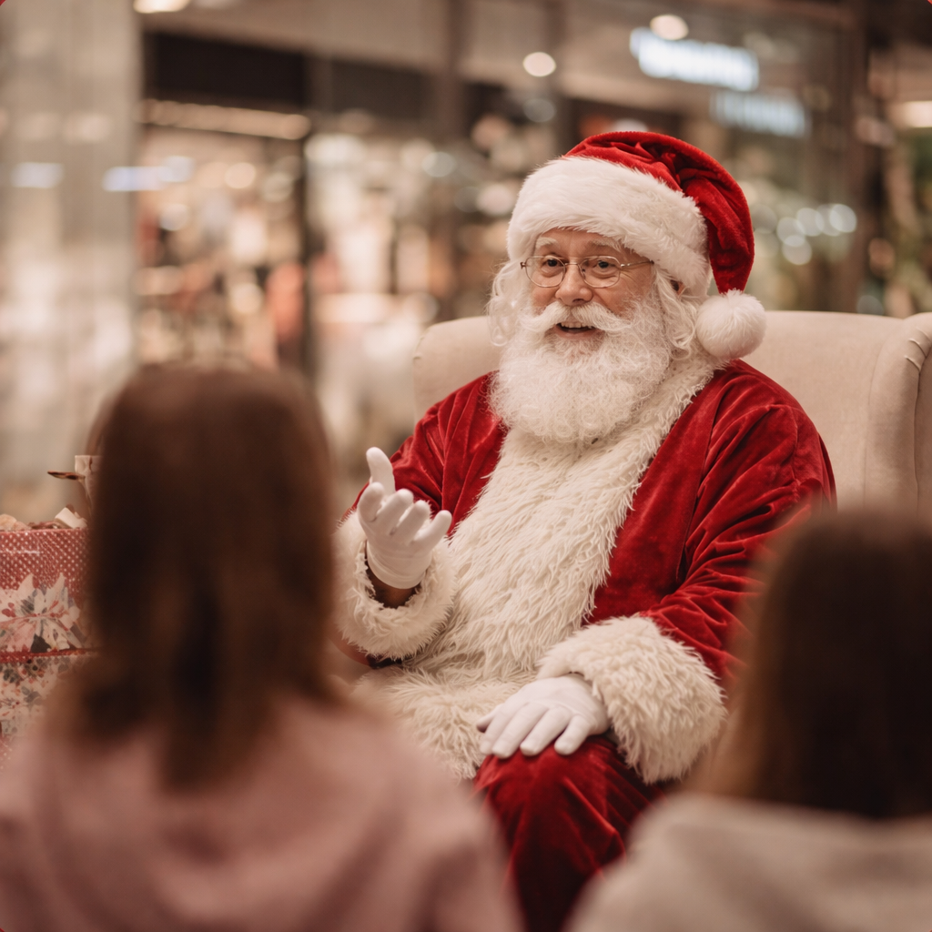 Santa Claus, dressed in traditional red suit with white fur trim, sitting in a chair and talking to children while in a mall or shopping center decorated for Christmas.