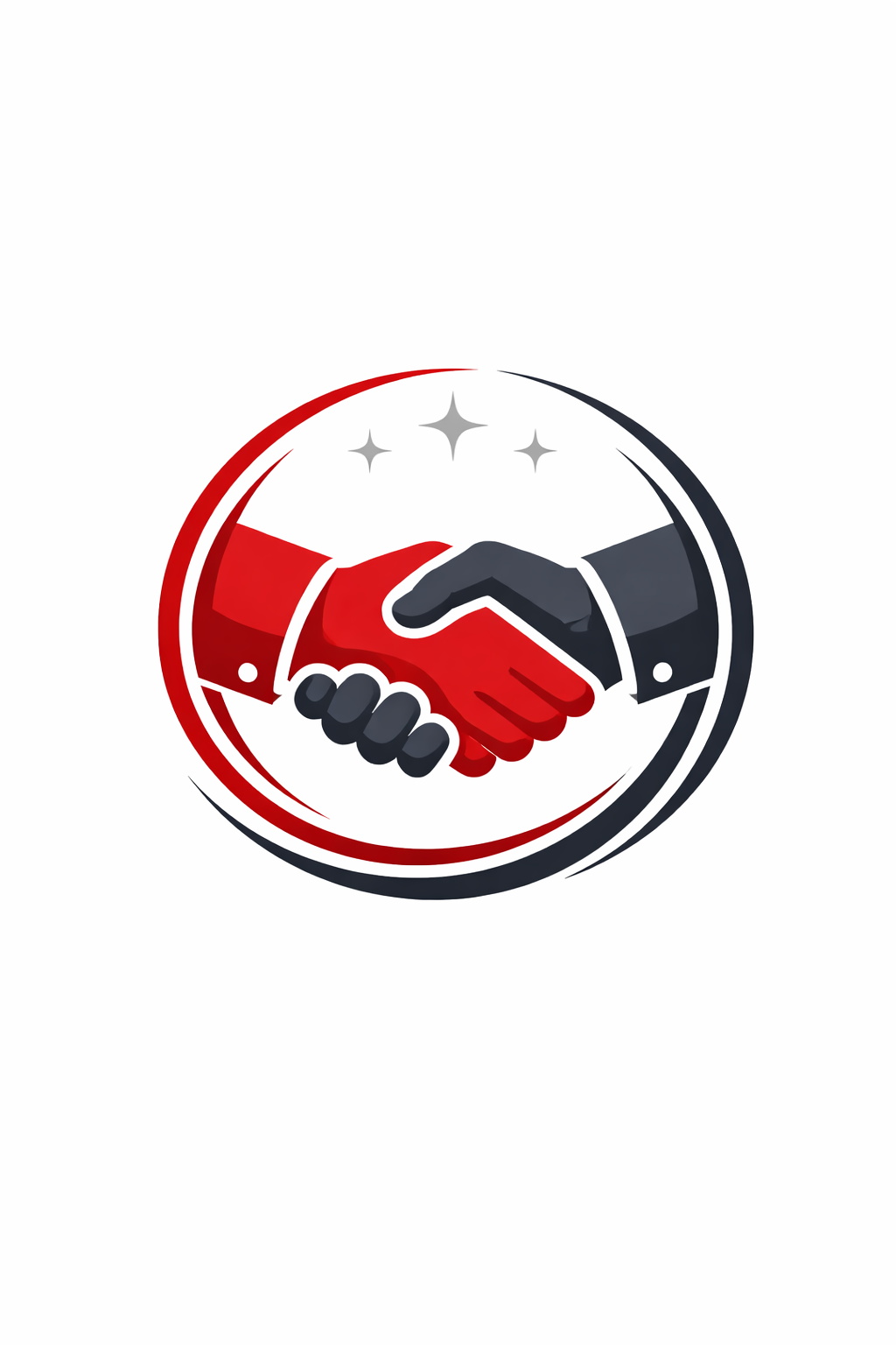 A logo featuring a handshake between a red and a black hand, enclosed in a circle with three stars above.