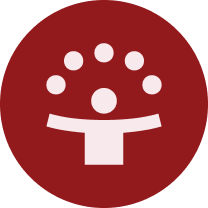 Stylized icon of a person with outstretched arms inside a red circle, with small circles above representing connectivity or community.