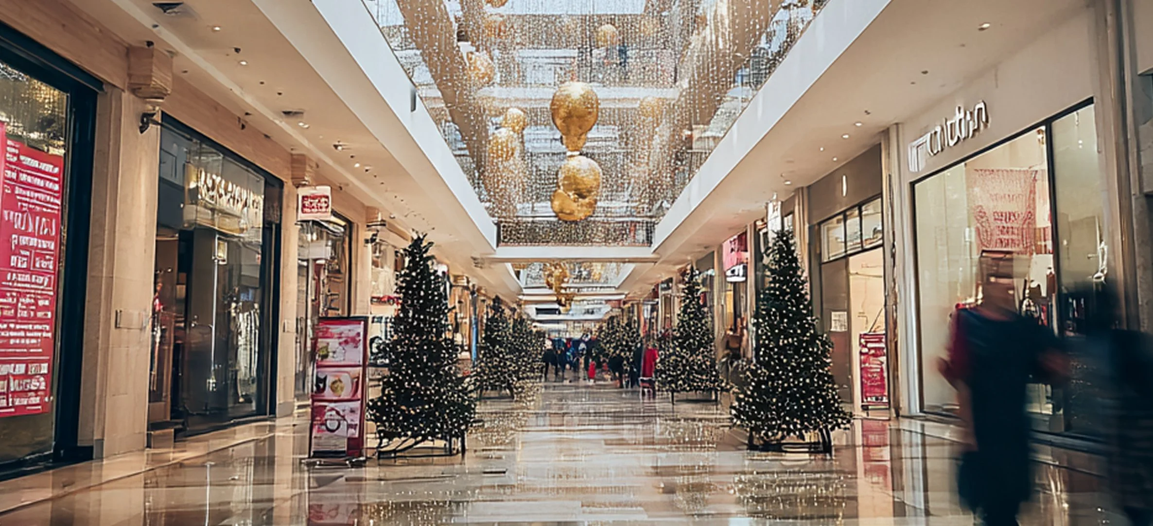 Inside a shopping mall decorated for Christmas with multiple Christmas trees, hanging ornaments, and holiday decorations on the ceiling.