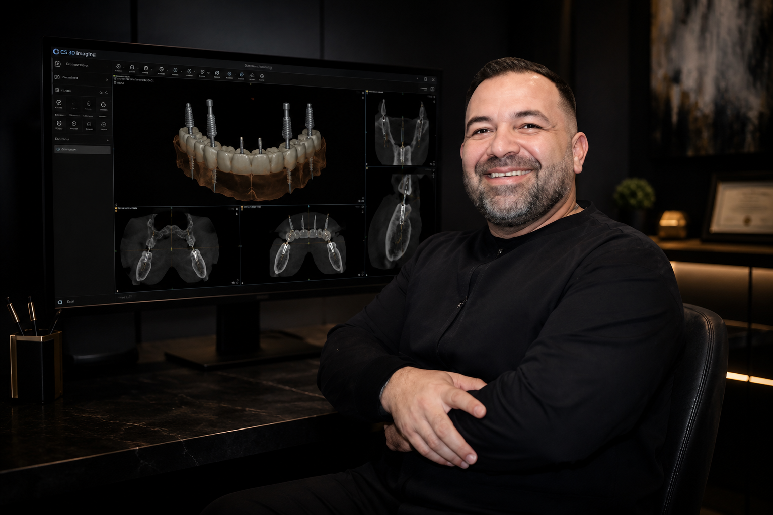 Dental implant specialist reviewing digital All-on-6 treatment planning with 3D implant placement software