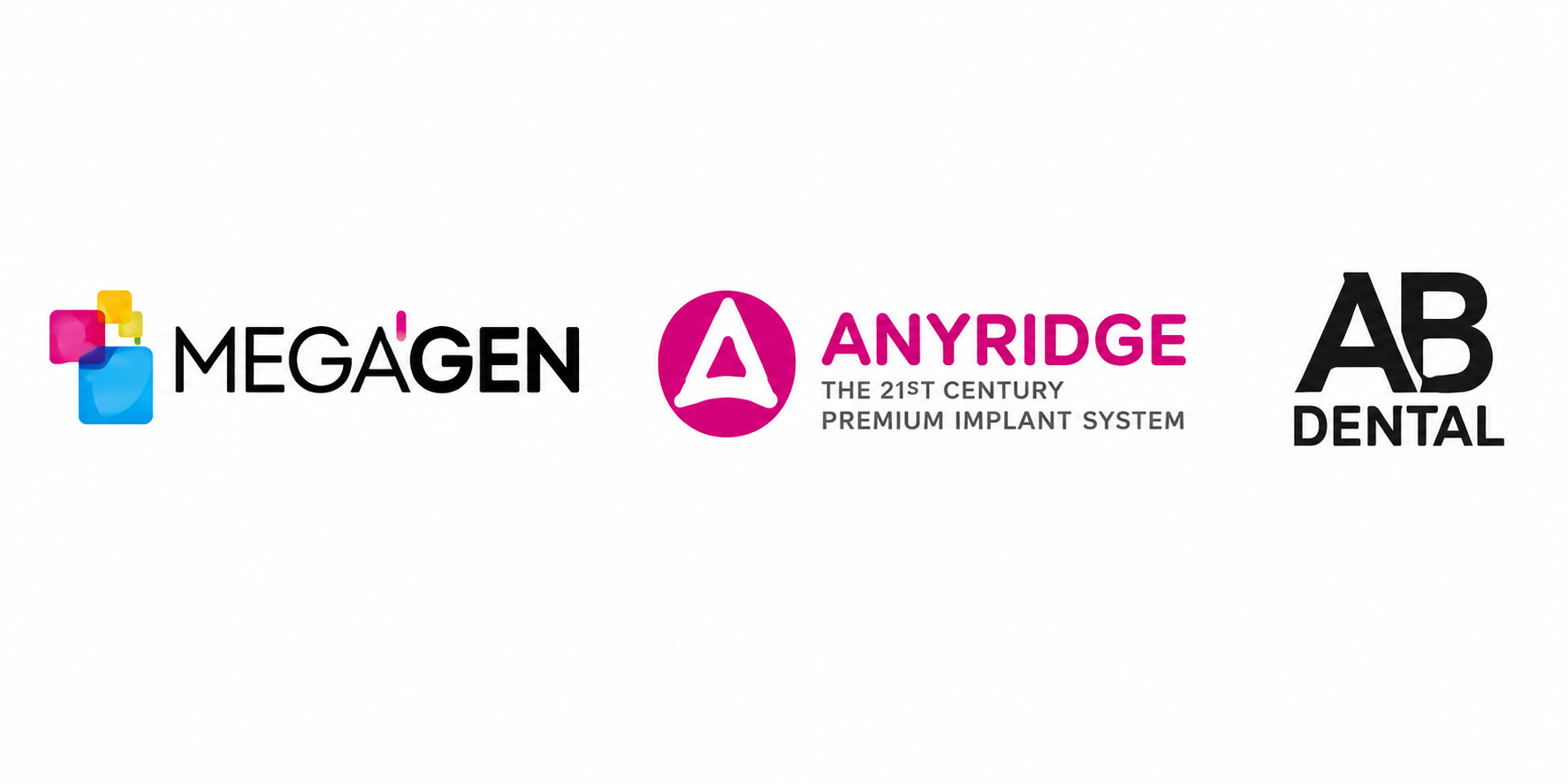 Premium dental implant brands including Megagen, AnyRidge, and AB Dental used for advanced full-arch restorations