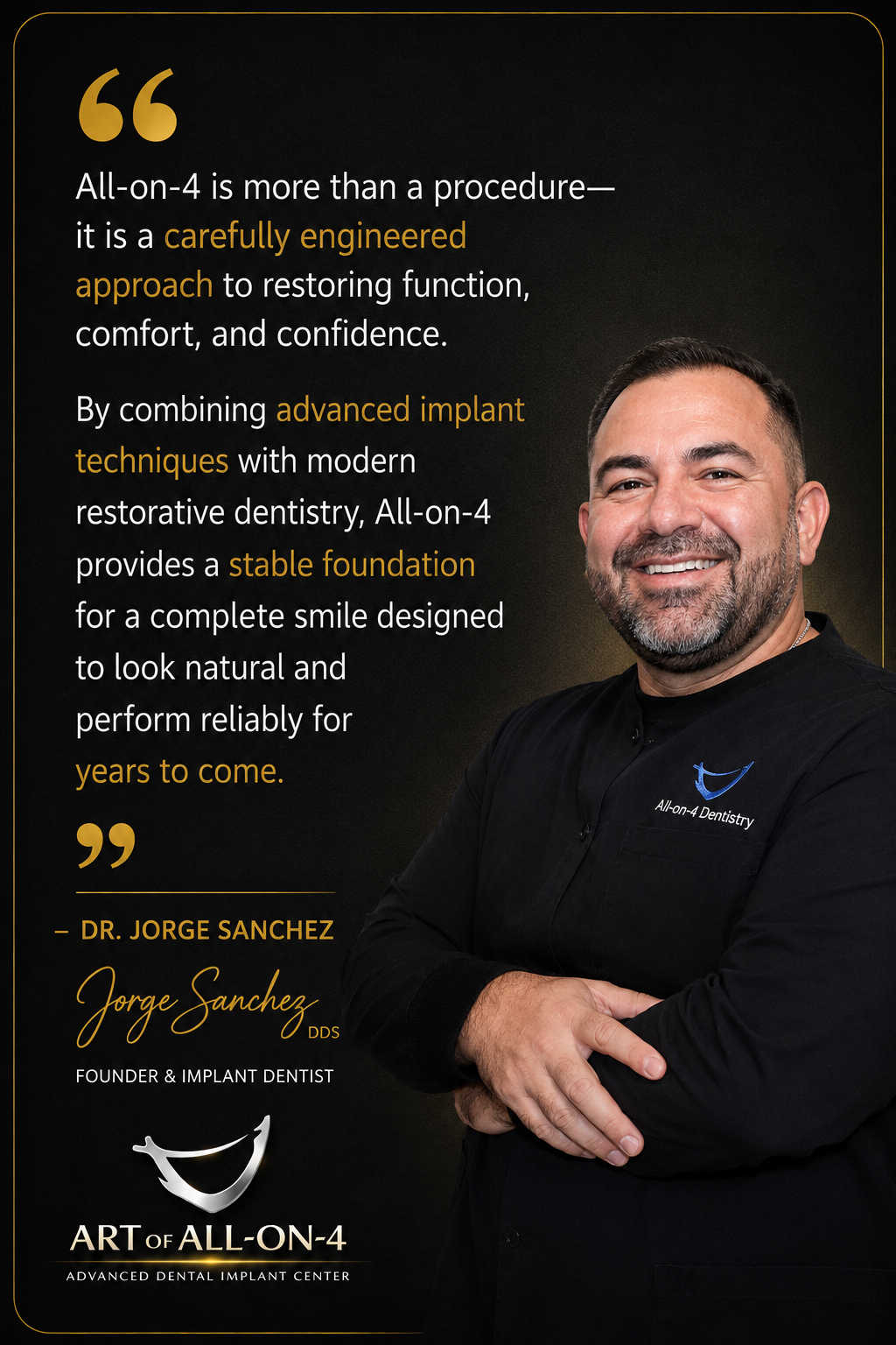Dr. Jorge Sanchez discussing All-on-4 dental implants and full-arch smile restoration at Art of All-on-4 Advanced Dental Implant Center.