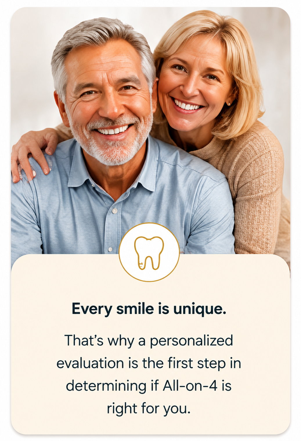 Smiling couple promoting a personalized All-on-4 candidacy assessment to determine whether full-arch dental implants are the right solution.