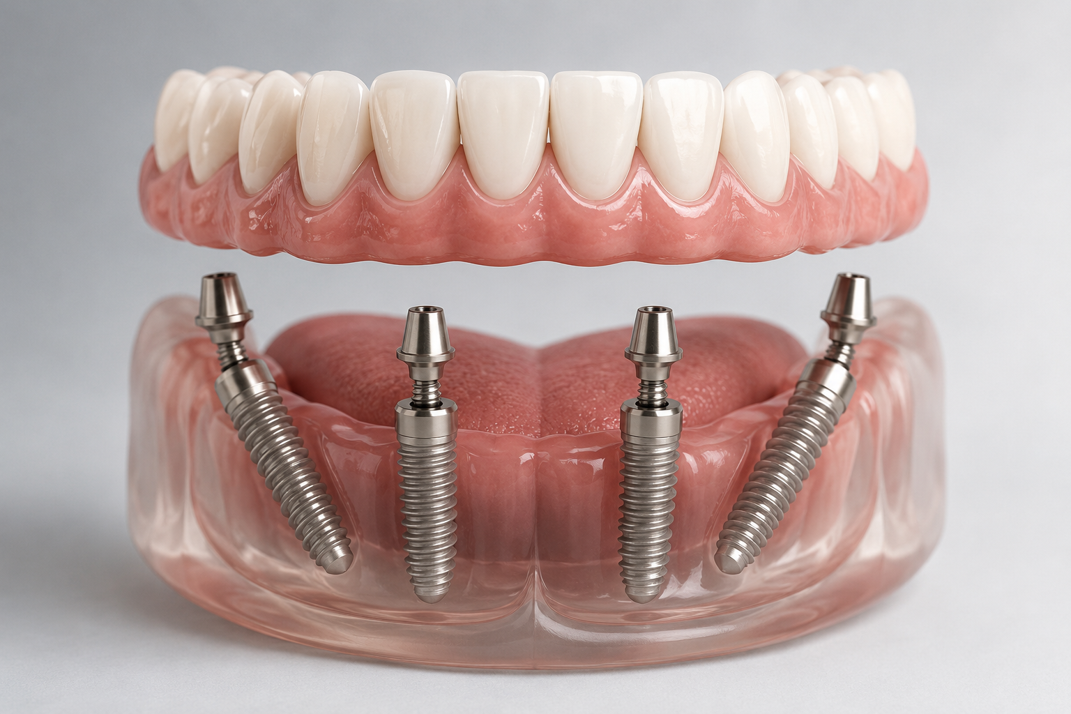 All-on-4 dental implants supporting a full arch of replacement teeth with four strategically placed titanium implants.