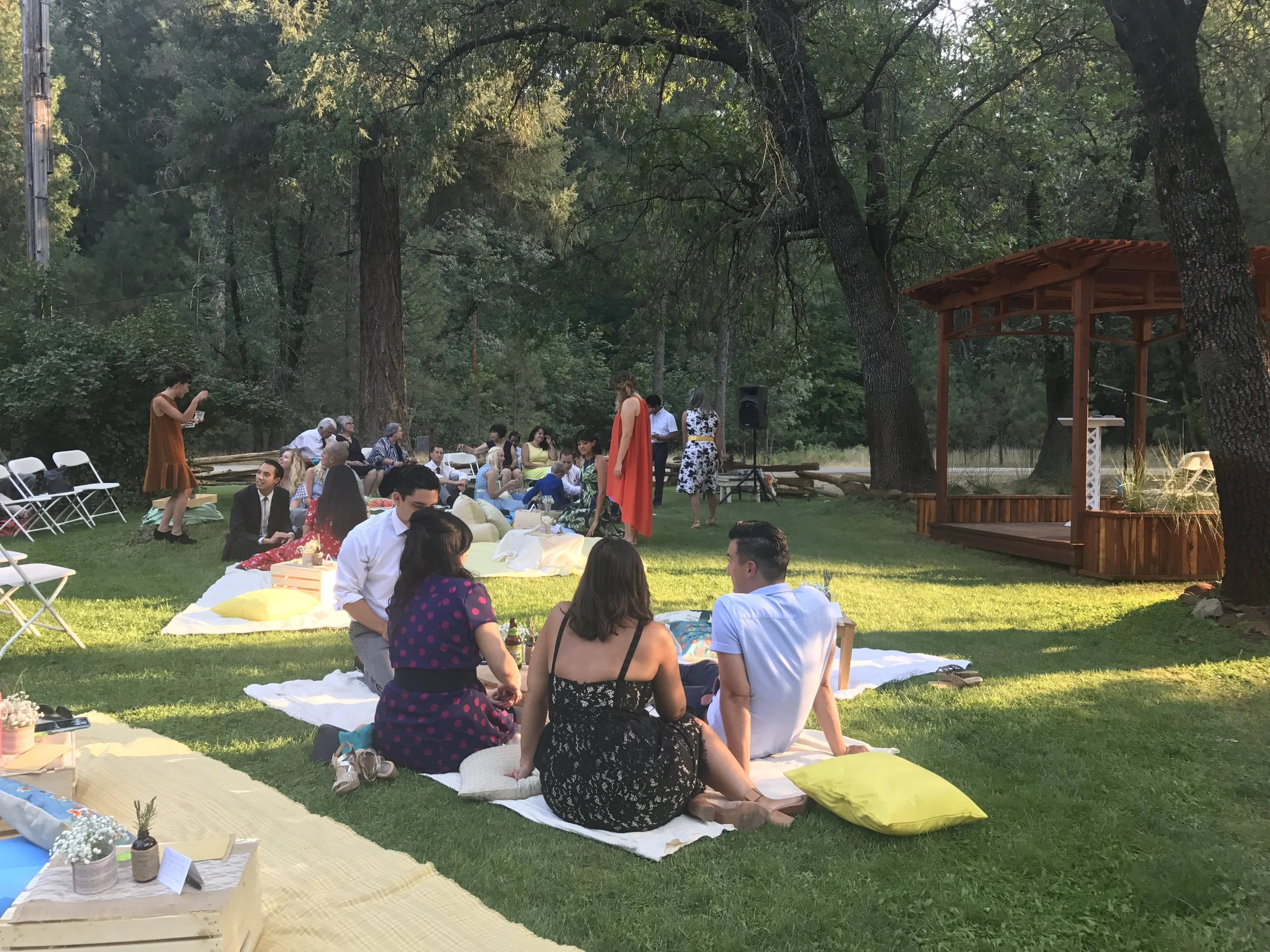 People gathered outdoors for a picnic in a park with trees, some sitting on blankets and pillows, others standing or walking. There is a wooden stage on the right and a microphone stand, suggesting a social event or celebration.