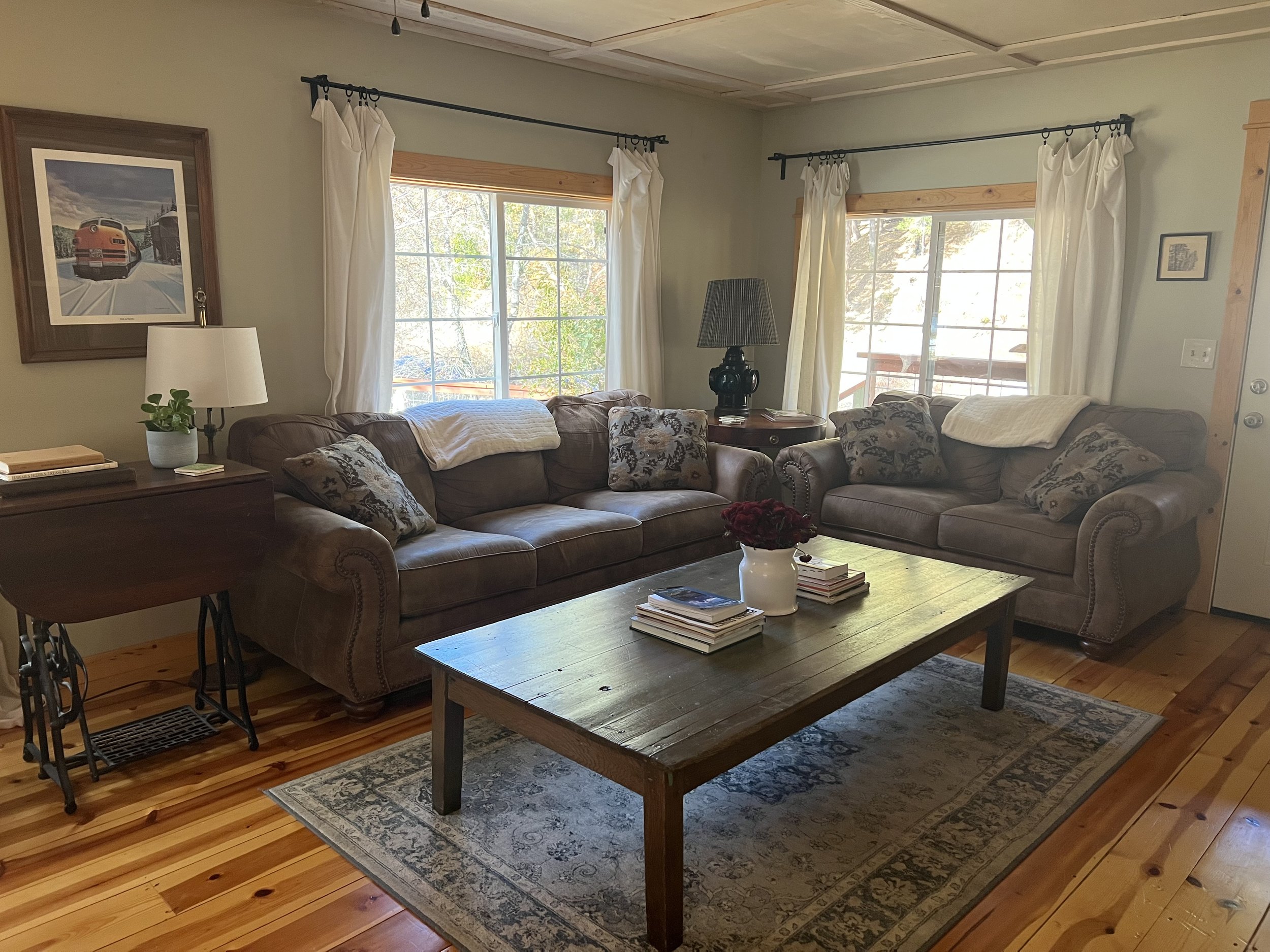 Living room with two brown leather sofas, a wooden coffee table with books and a vase of dark red flowers, two windows with white curtains, a curtain rod, a side table with a black lamp, a framed picture of a train on the wall, a small framed picture