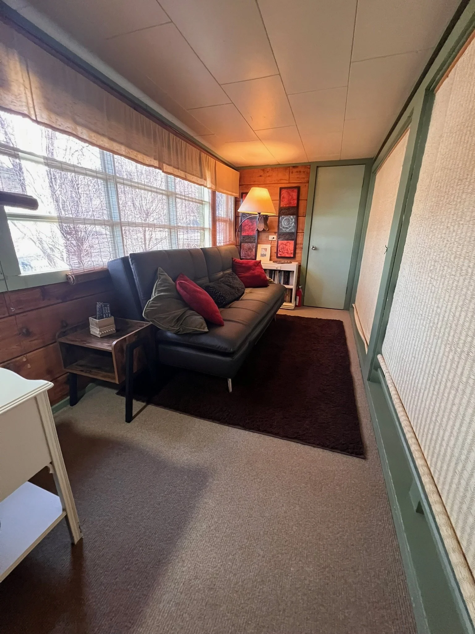 A cozy living room with wood-paneled walls, large windows with sheer curtains, a black sofa with red and green cushions, a small wooden side table with a remote and tissues, a lamp with a shade, a dark rug, and a bookshelf in the corner.