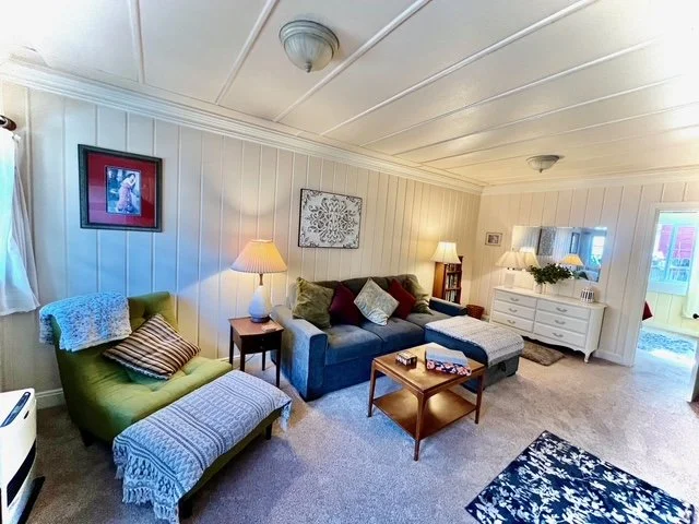 Living room with green armchair, blue sofa, wooden coffee table, side tables with lamps, white dresser, mirror, and framed art, carpeted floor, and windows with white curtains.