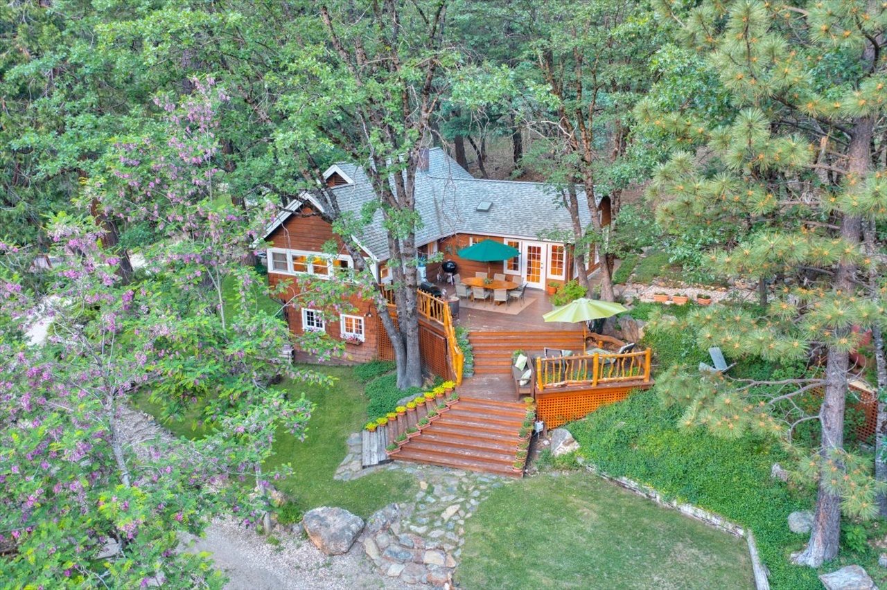 A spacious wooden deck attached to a house, surrounded by trees and greenery, with outdoor furniture, umbrellas, and a barbecue grill.
