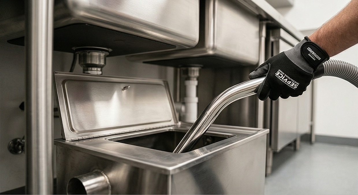 Technician performing commercial grease trap maintenance and cleaning service