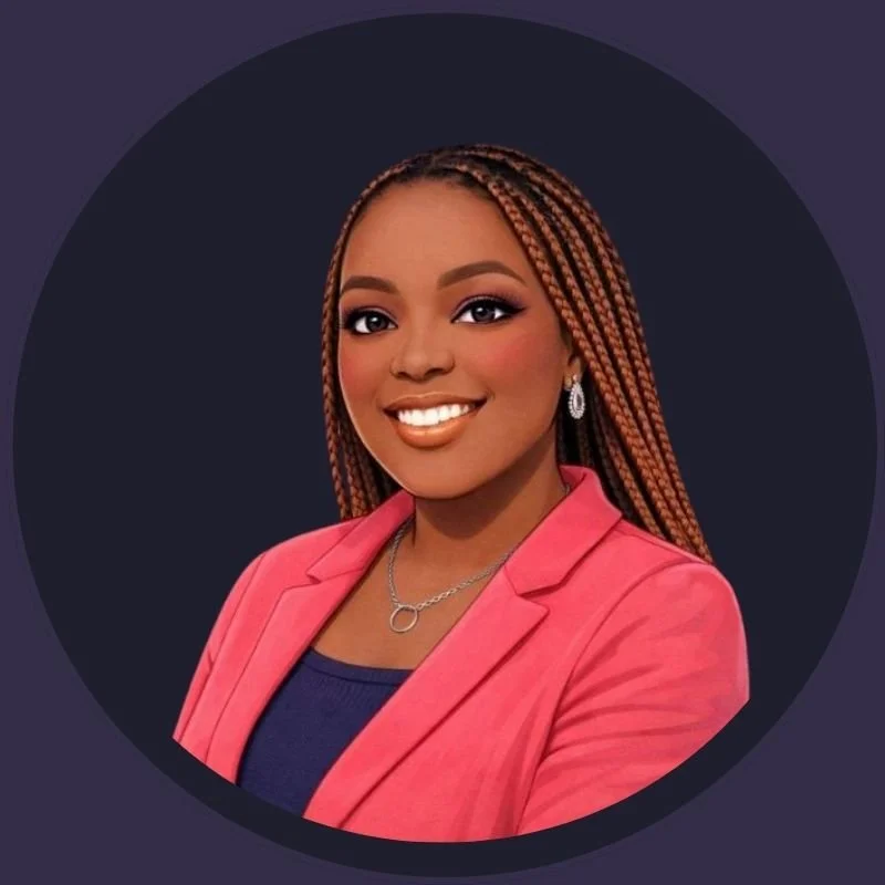 Portrait of a woman with braided hair wearing a pink blazer and a dark top, smiling against a dark background.