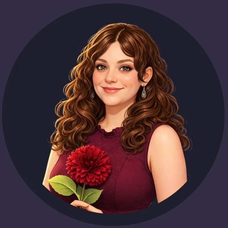 A young woman with curly brown hair, wearing earrings and a sleeveless burgundy dress, holding a red dahlia flower with green leaves, against a dark circular background.