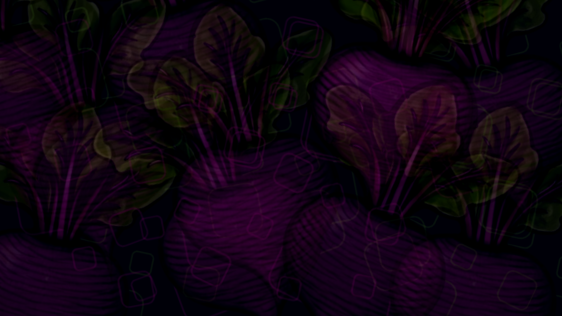 Abstract digital art with neon purple and green leaf patterns and geometric shapes on a black background.