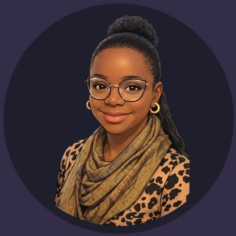 Portrait of a young woman with glasses, wearing a leopard print top and a beige scarf, smiling against a dark circular background.