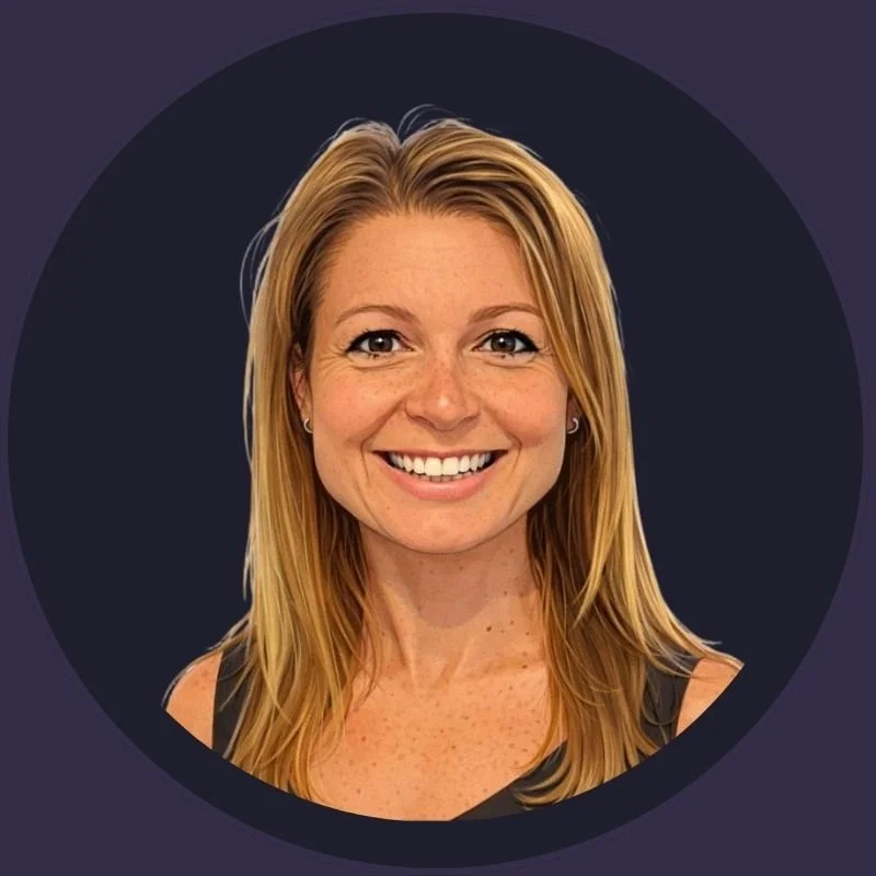A portrait of a smiling blonde woman with blue eyes against a dark circular background.