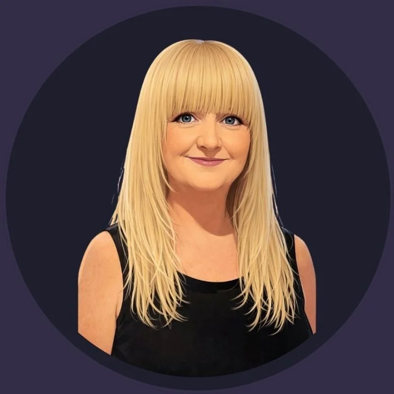 Portrait of a blonde woman with straight hair and bangs, smiling, wearing a black sleeveless top, against a dark circular background.